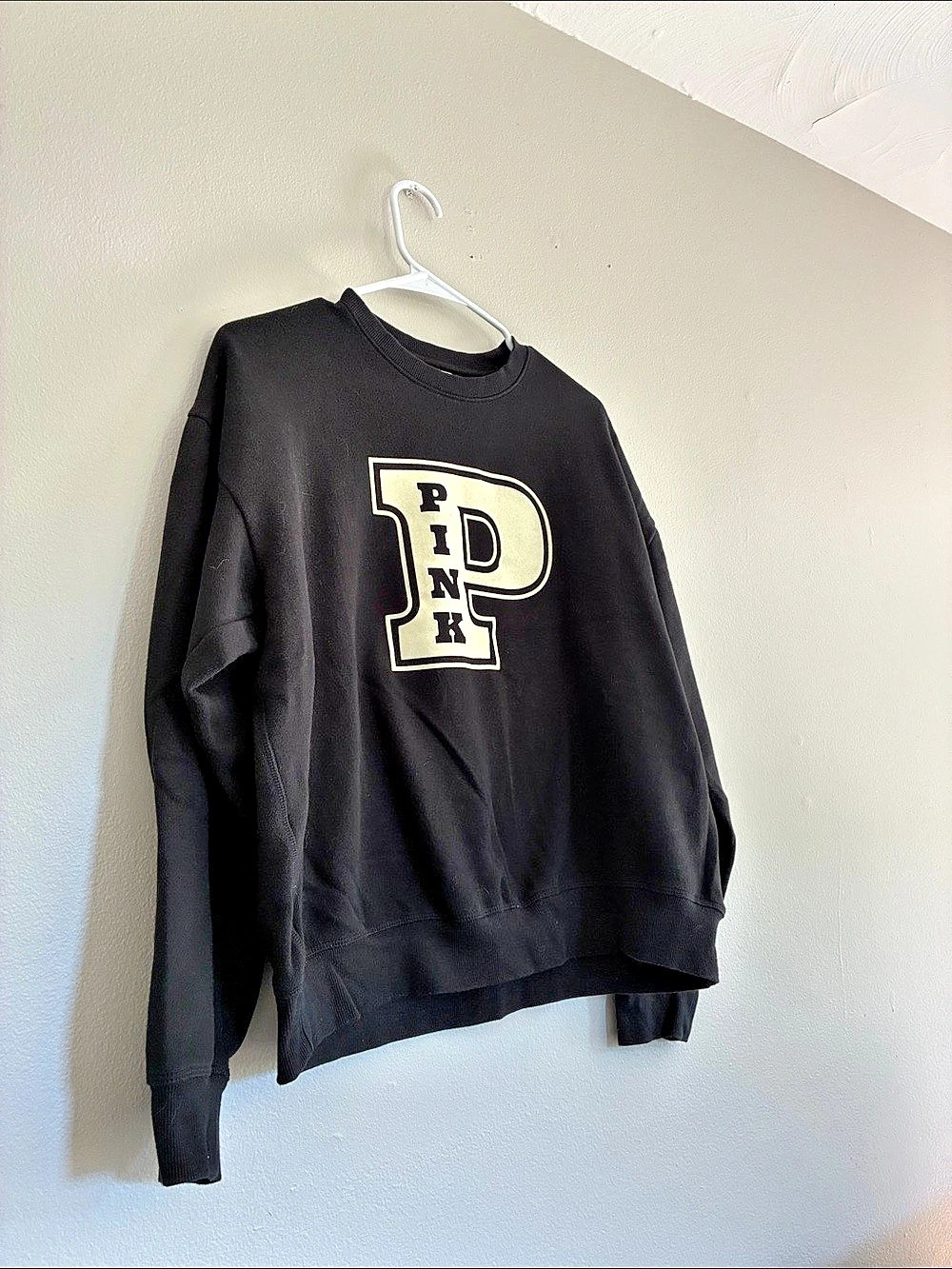 PINK Print Crewneck Sweatshirt Black Large
